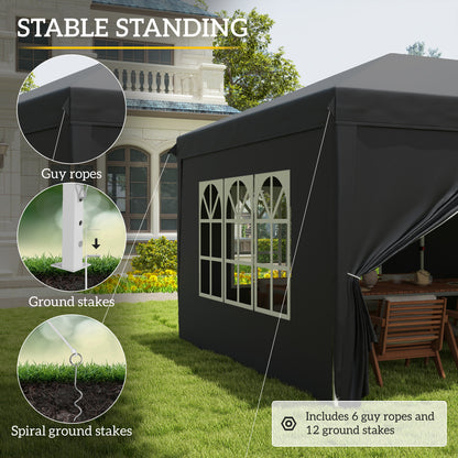 Outsunny 3 x 6 m Pop Up Gazebo with Sides and Windows, Height Adjustable Wedding Camping Party Tent Canopy Marquee with Storage Bag for Garden, Event, Black