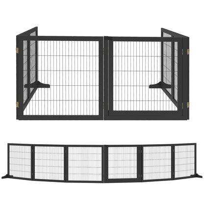PawHut Wooden Pet Gate, Freestanding Dog Security Barrier with Two Support Feet - Black