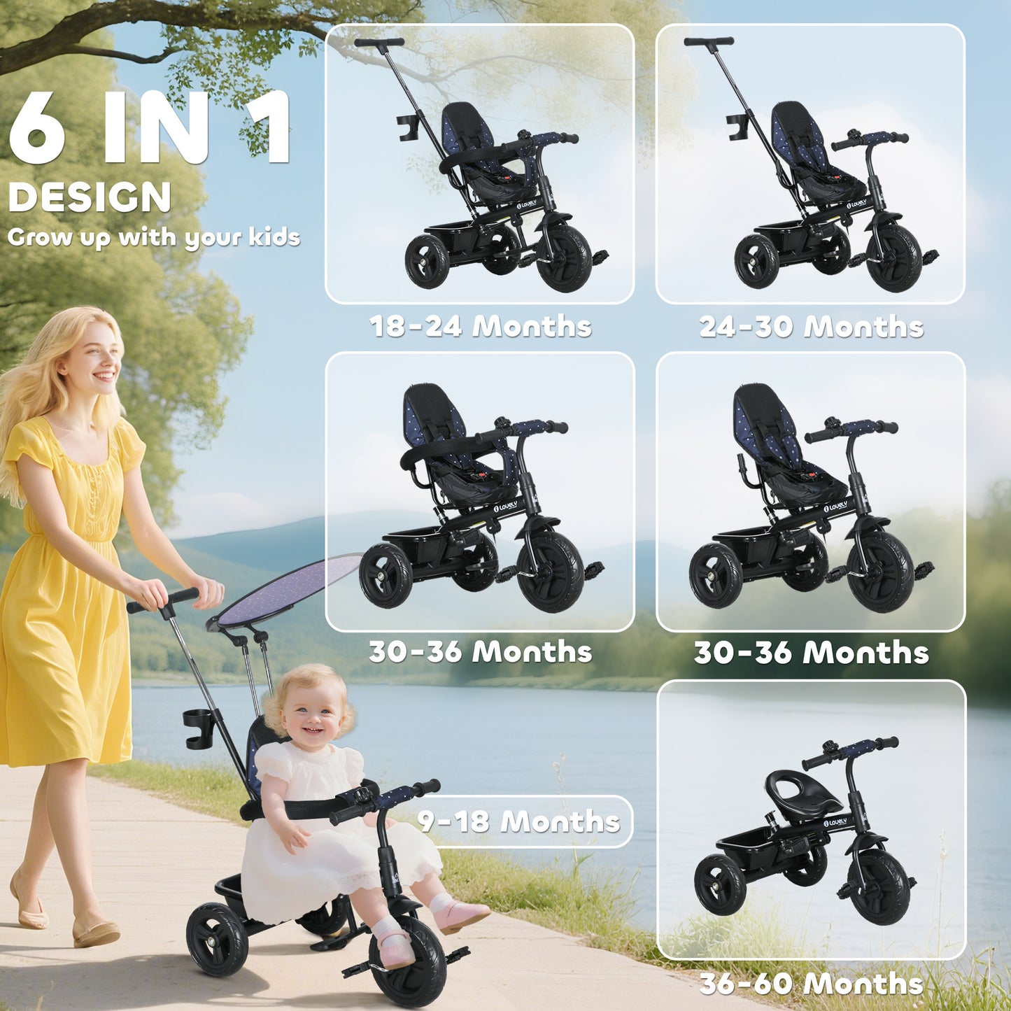 HOMCOM 6 in 1 Tricycle for Kids with 5-point harness straps, Removable Canopy, Dark Blue