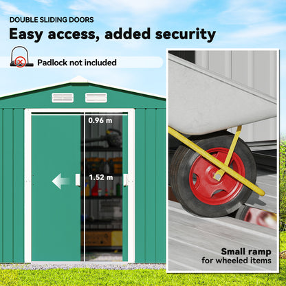Outsunny 9 x 6ft Metal Garden Shed, Outdoor Storage Tool House with Ventilation Slots, Foundation Kit and Lockable Double Doors, Green