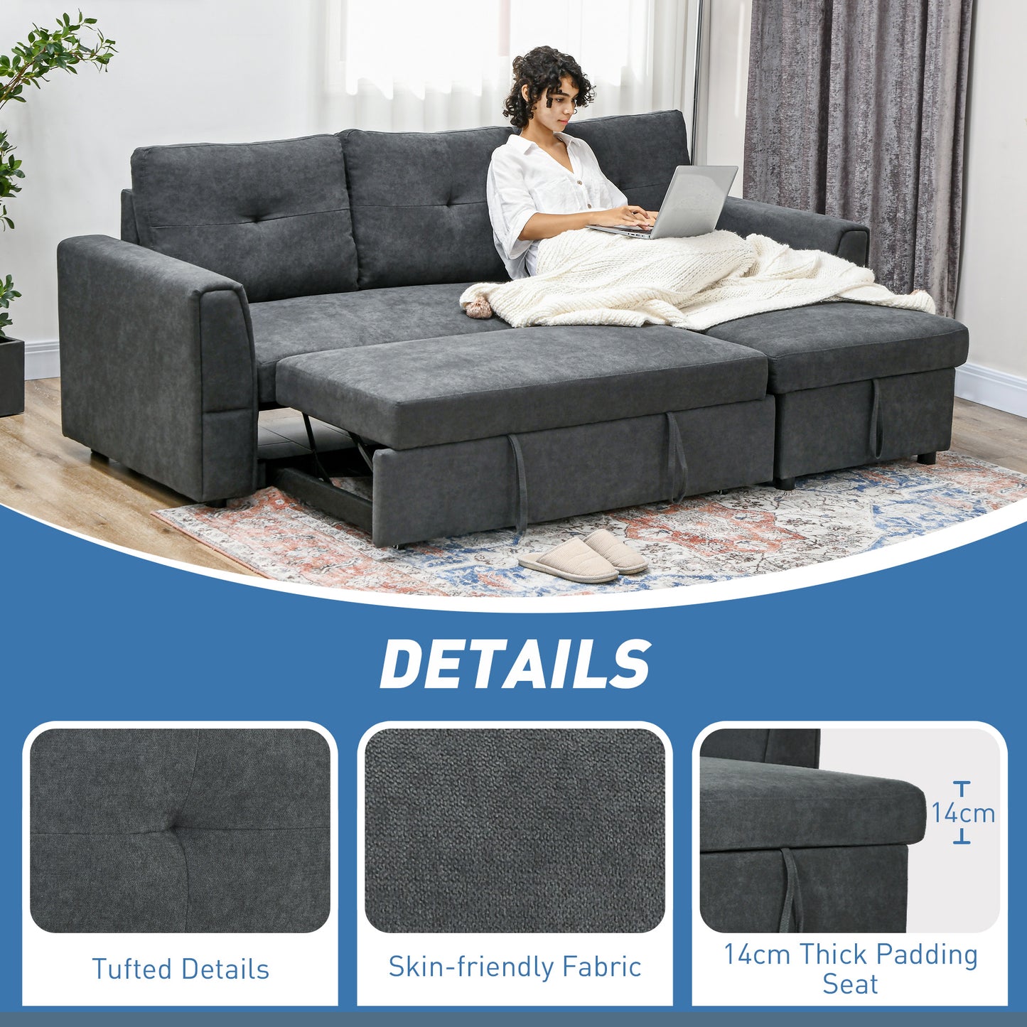 HOMCOM 3 Seater Sofa Bed, Pull Out Sofa Bed with Storage for Living Room, Dark Grey