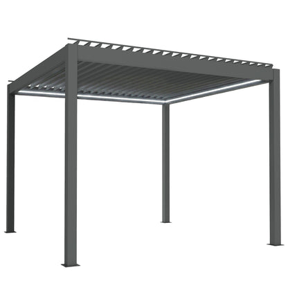 Outsunny 3 x 3(m) Electric Louvered Pergola with LED Lights, Aluminium Pergola Hardtop Gazebo with Remote, Adjustable Roof and Drainage System, Water and UV Proof