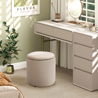 HOMCOM Set of 2 Round Ottoman with Storage, Fabric Vanity Stool for Makeup, Footrest Stool with Removable Lid for Living Room & Bedroom, Cream White