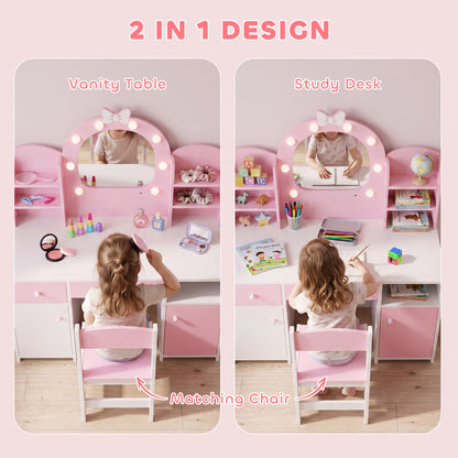 AIYAPLAY Kids Vanity Set, Girls Dressing Table with Stool, 2-Colour Lights Mirror, Cabinet, Drawer and Shelves, Pink