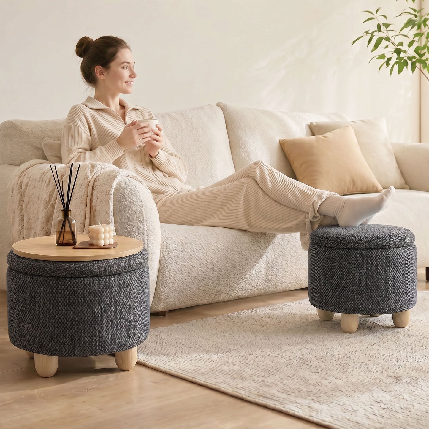 HOMCOM Storage Sitting Bench with Lid, Round Storage Ottoman with Rubberwood Legs, Dark Grey