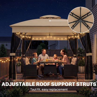 Outsunny 3 x 3 m Outdoor Garden Gazebo with Post Shelves, UPF50+ Double Roof Patio Permanent Pavilion, Brown