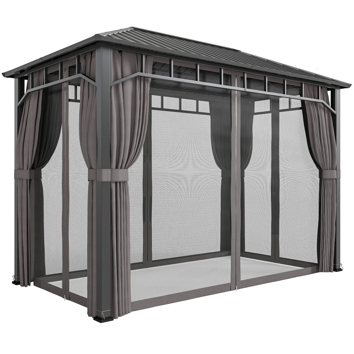 Outsunny 2 x 3.5 m Hardtop Gazebo with Galvanised Steel Roof, Waterproof Permanent Pavilion Garden Gazebo with Netting and Curtains for Patio, Deck, Dark Grey-Gazebos-ChewyGames-ChewyGames