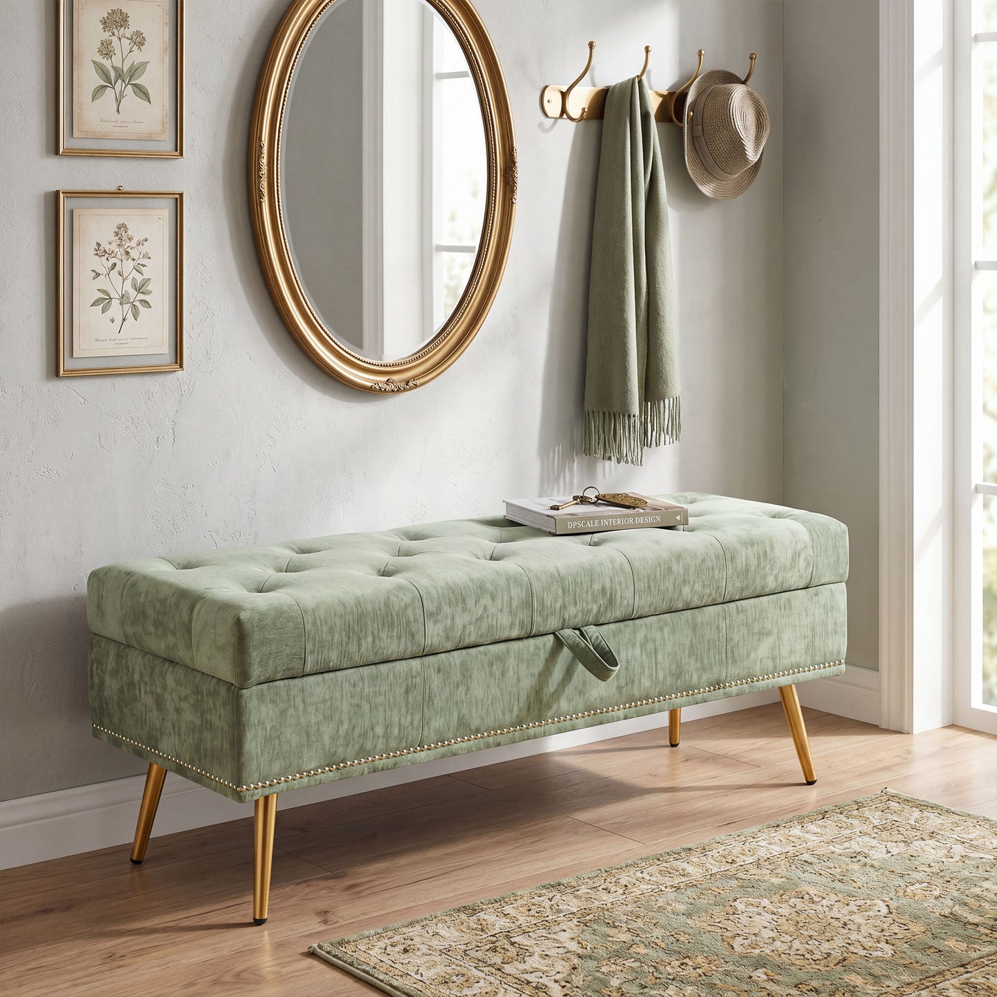 HOMCOM Storage Ottoman, Chenille Upholstered Ottoman Storage Box with Padded Seat, Metal Legs, 114 x 41 x 45 cm, Light Green
