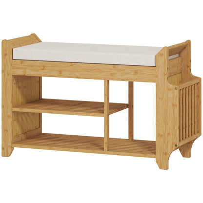 HOMCOM Shoe Bench 2-Tier Boot Section Entryway Storage Bench Cushioned Seat 80 x 30 x 50 cm Natural and Cream