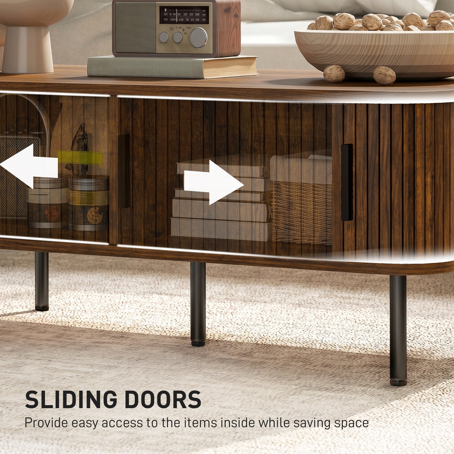 HOMCOM Coffee Table with Storage, Living Room Table with Slatted Tambour Sliding Doors and Adjustable Foot Pads, Rectangular Coffee Table with Elevated Base for Living Room, Rustic Brown