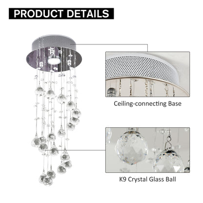 HOMCOM Metal Crystal Ceiling Light Chandelier Elegant Pendant Lamp Living Room Stairway Spiral Rain Drop Pendant Lamp Silver