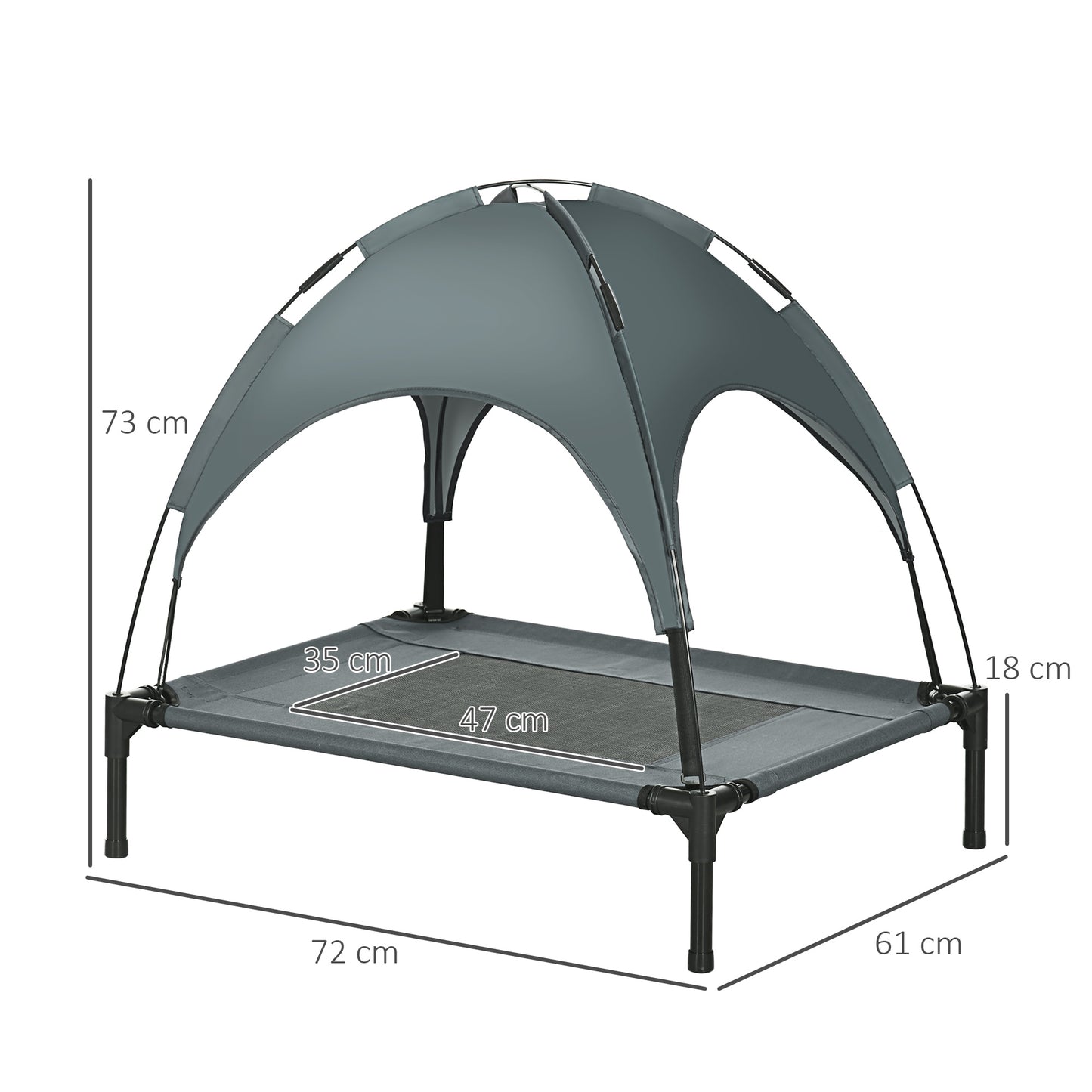 PawHut Outdoor Dog Bed with Removable Canopy, Portable Raised Dog Bed for Camping, Garden & Beach, Water-Resistant UV-Protection Mesh Pet Cot Sun Lounger, for Medium Pets, 76 x 61 x 73 cm, Grey