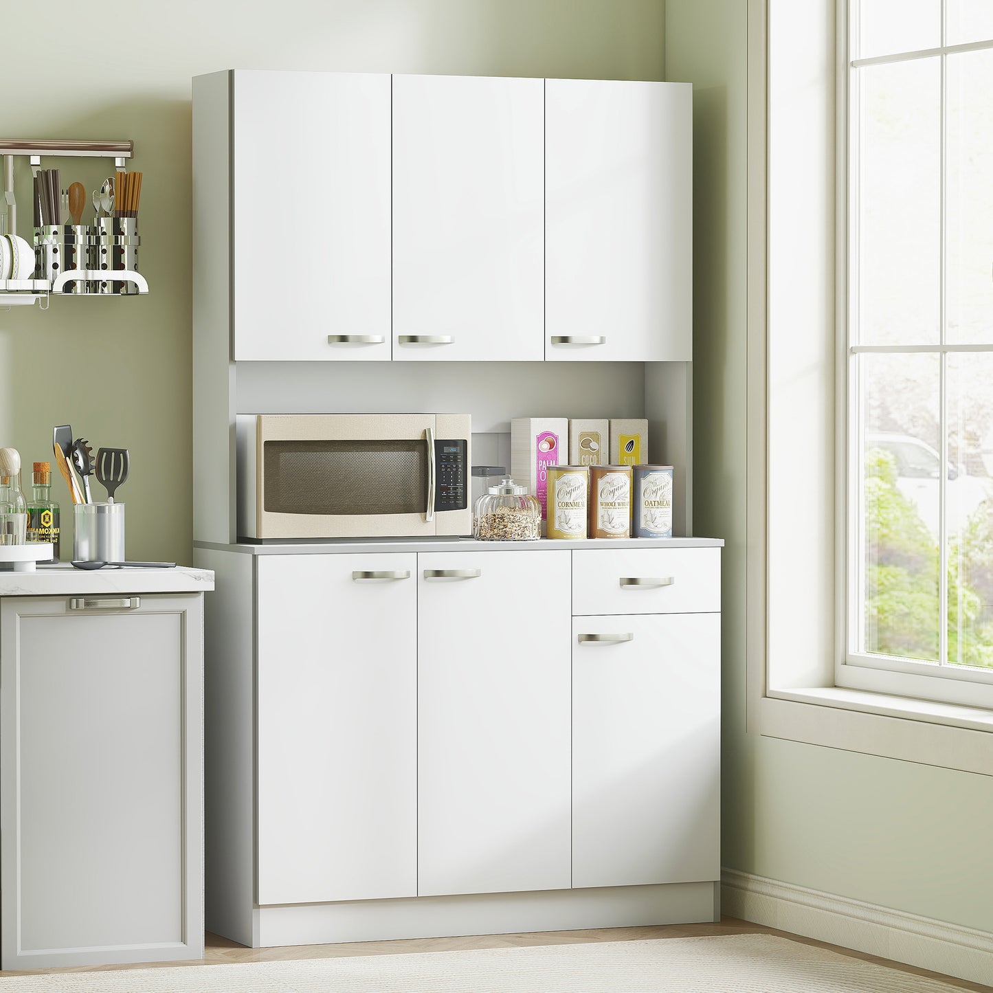 HOMCOM Kitchen Cupboard, Freestanding Kitchen Storage Cabinet with 6 Doors, Drawer, Adjustable Shelves and Open Countertop for Dining Room, White