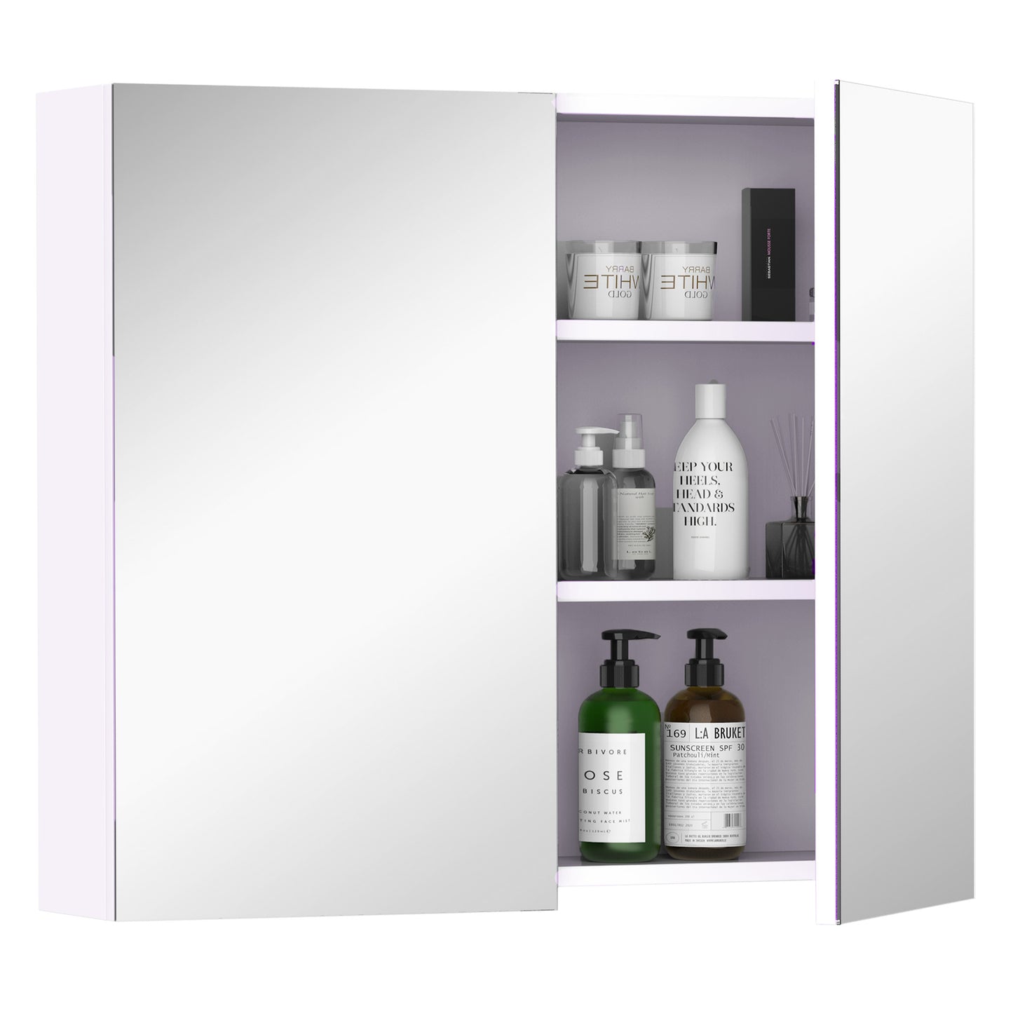 HOMCOM Bathroom Mirror Cabinet, 3-Tier Wall Mount Bathroom Storage Cabinet with Soft-Close Hinges and Adjustable Shelf, Double Door Cupboard, 70 x 15 x 60 cm, White