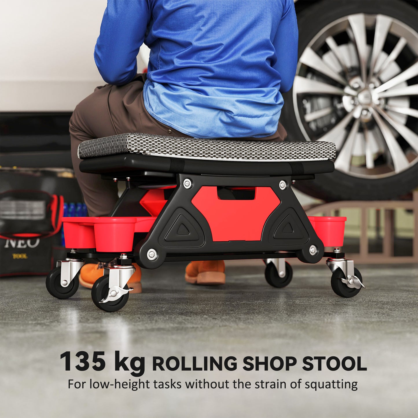 HOMCOM Rolling Mechanic Stool, 135kg Capacity Workshop Stool, 360° Swivel Roller Padded Creeper Seat with Wheels, Slide Out Tool Trays and Drawer for Garage, Shop, Auto Repair, Black