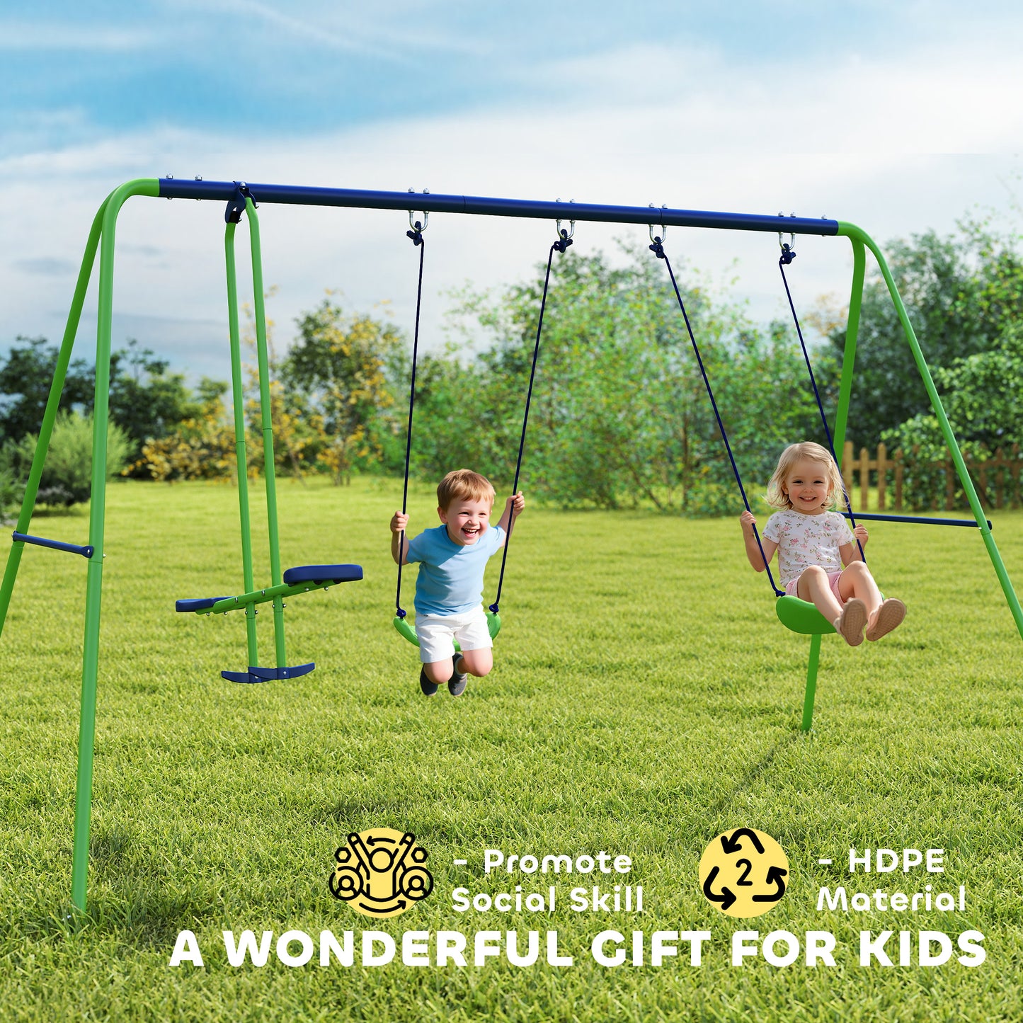 Outsunny Metal Garden Swing Set Height Adjustable Children Outdoor Backyard Play Set for Toddlers Over 3 Years Old, Green