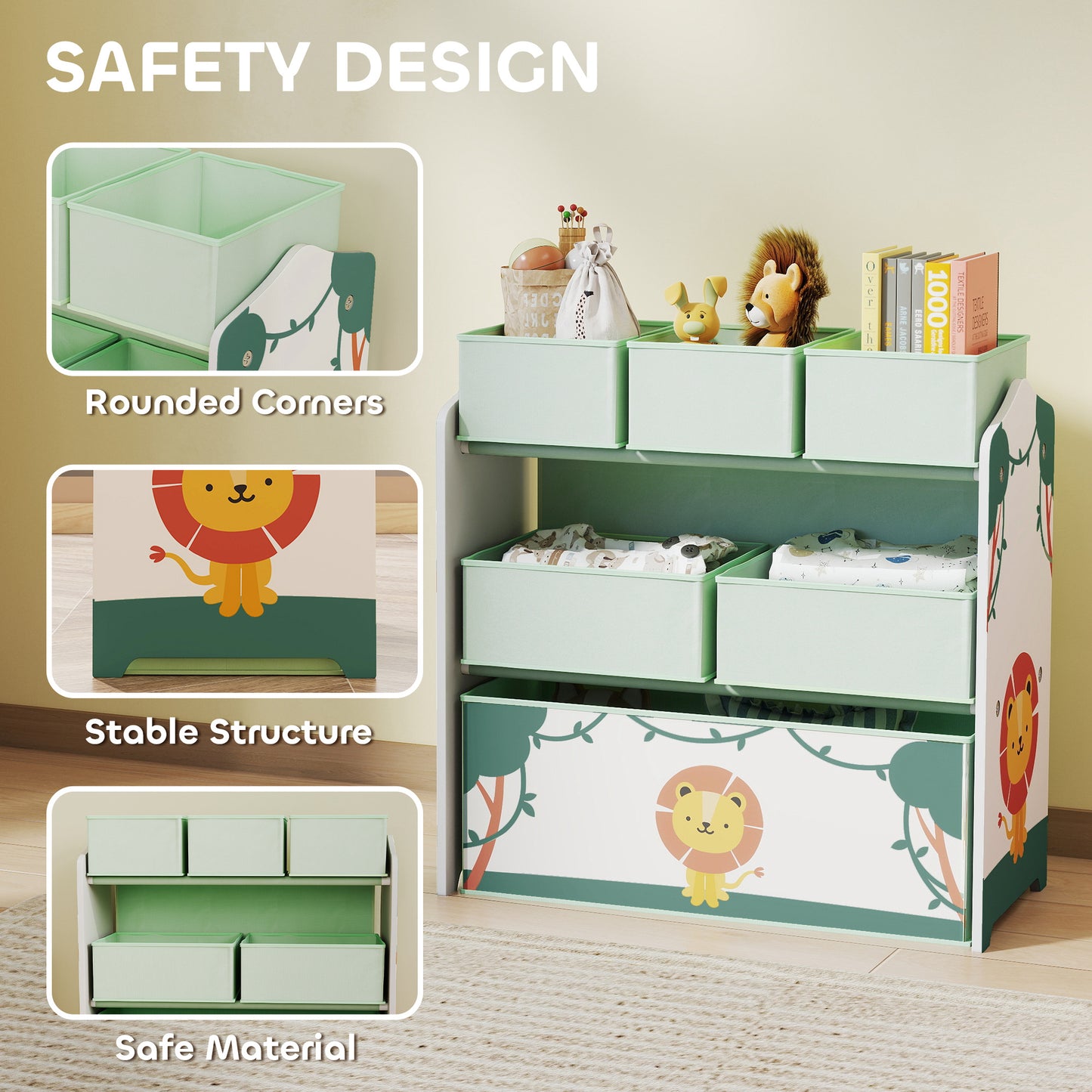 AIYAPLAY Kids Toy Storage Units, 3-Tier Toy Organiser Shelf with 6 Removable Boxes for Kids, Bedroom, Playroom, Green--ChewyGames-ChewyGames