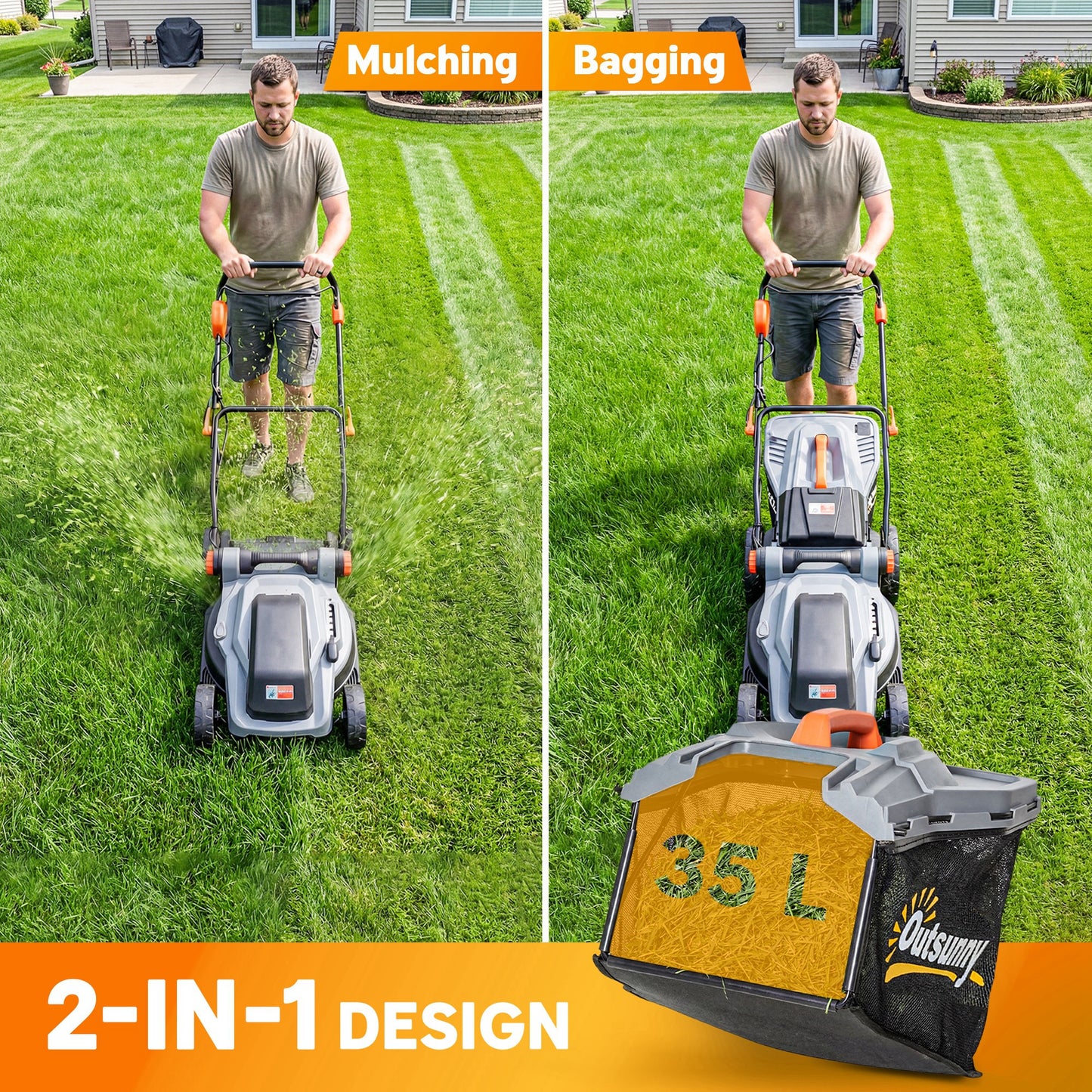Outsunny 18V Cordless Lawnmower with 2 x 4Ah Batteries, Battery Lawn Mower with 34cm Cutting Width, Mulching Feature