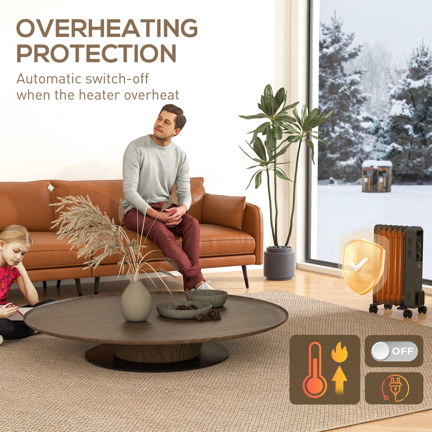 HOMCOM 1500W Oil Filled Radiator, Portable Electric Heater with 3 Heat Settings, Safety Cut-Off and Wheels, Grey