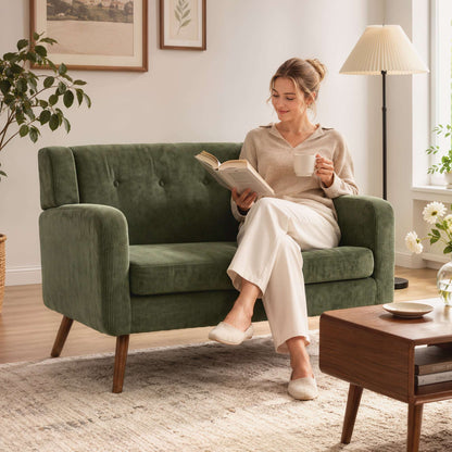 HOMCOM 2 Seater Sofa, 118 cm Corduroy Small Loveseat with Spring Cushion, Wood Legs for Small Space, Living Room, Dark Green
