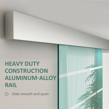 HOMCOM 90cm Sliding Glass Door with Hardware Track Kit, Frosted Tempered Glass with Stripe Pattern, Round Handle