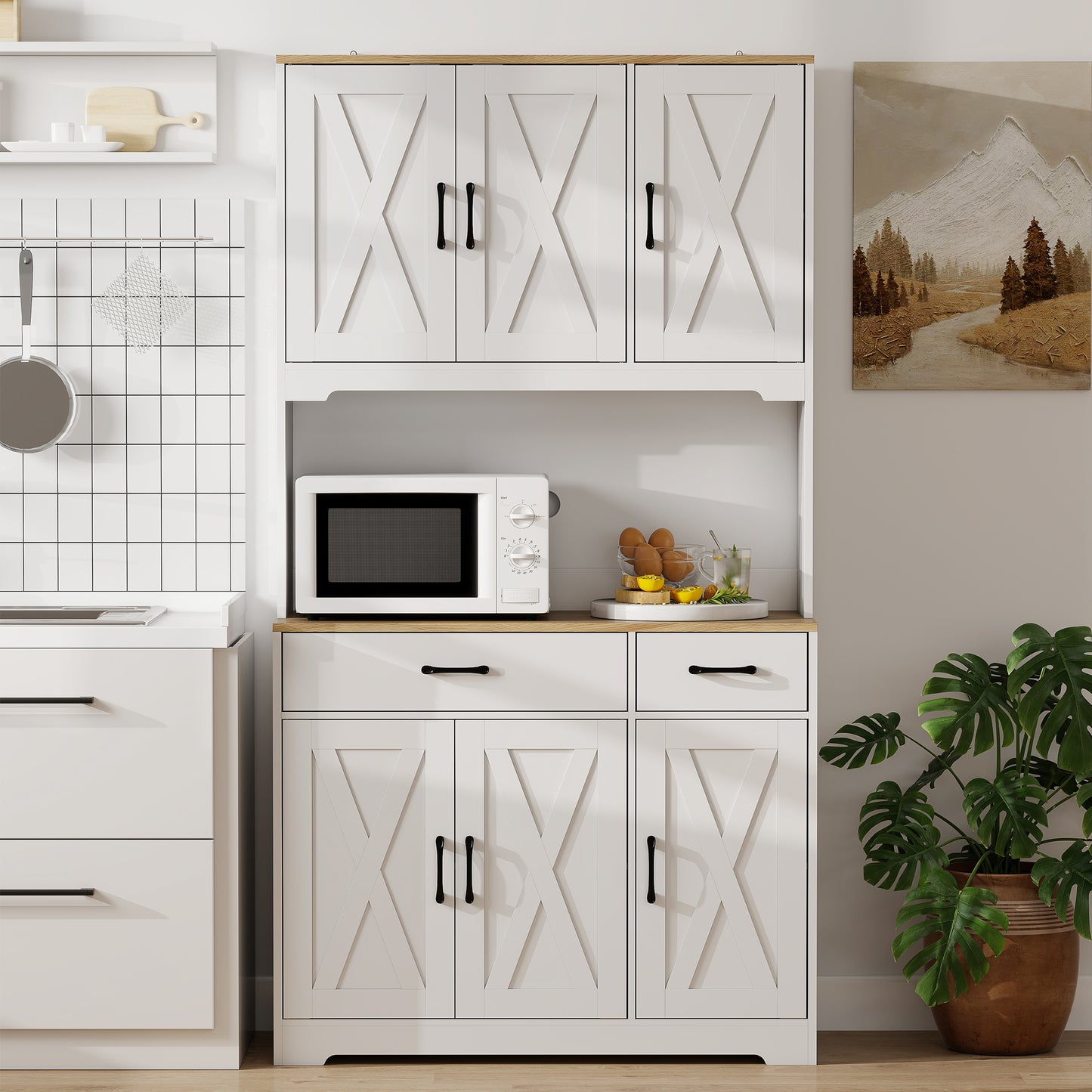 HOMCOM 175 cm Tall Kitchen Pantry Cabinet with Microwave Stand, Freestanding Pantry Cupboard, White
