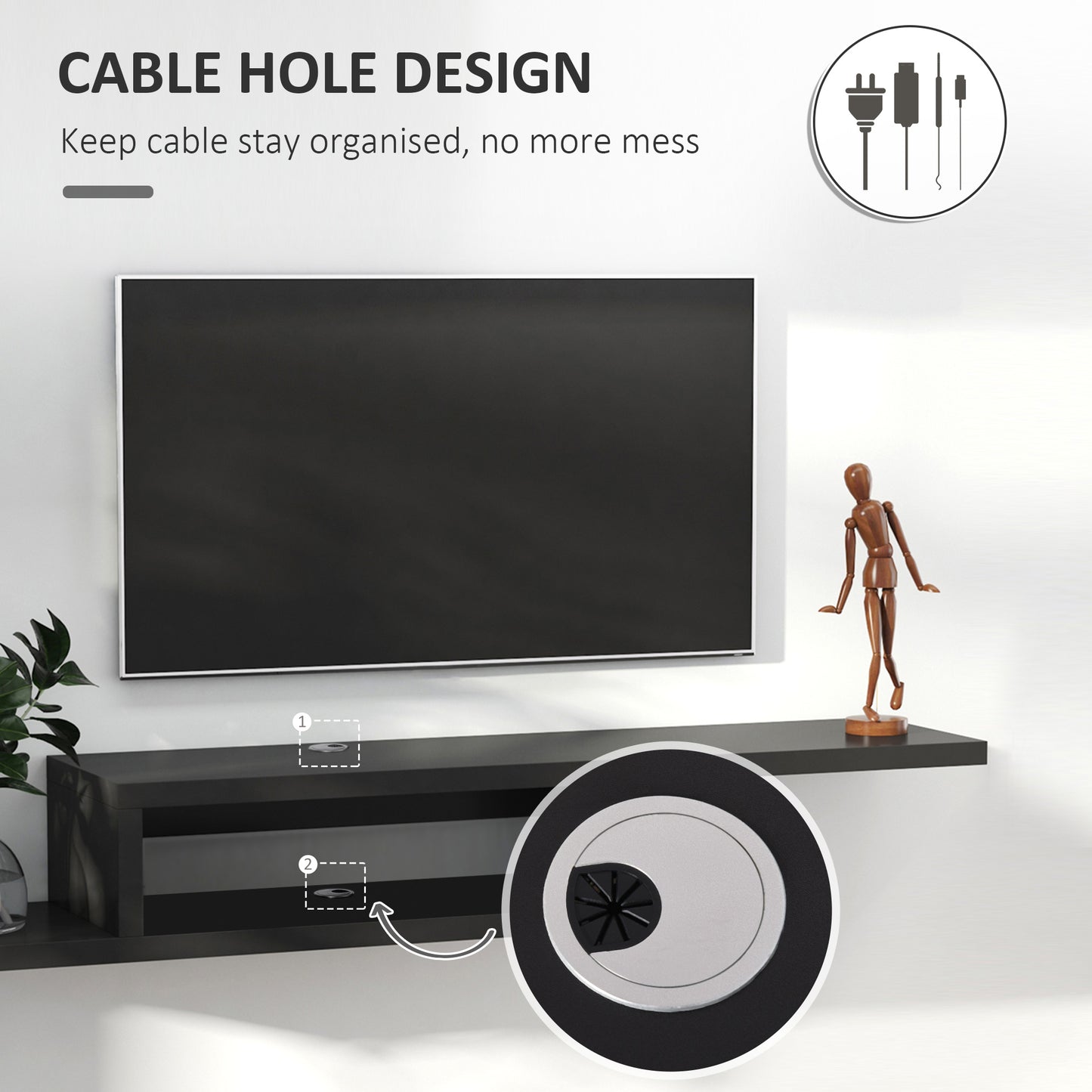 HOMCOM Floating TV Unit, Wall Mounted TV Stand with Open Shelf and 2 Cable Holes, Entertainment Unit for Living Room, Black