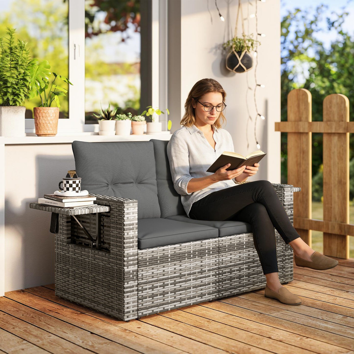 Outsunny 2 Seater Rattan Garden Sofa Outdoor Loveseat with Hidden Side Trays and Cushions for Patio Balcony, Dark Grey