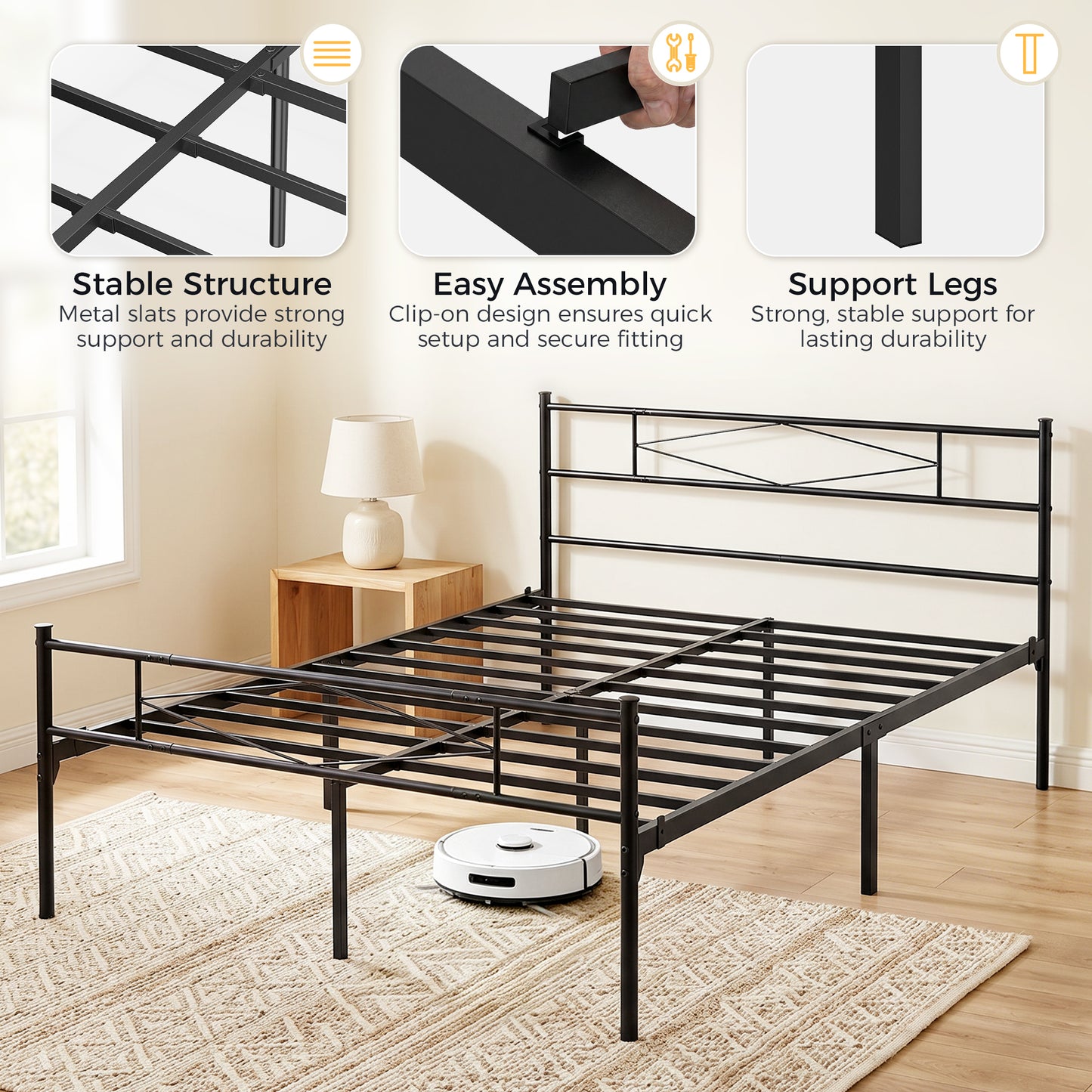 HOMCOM 5ft King Bed Frame with Headboard and Footboard, Metal Platform Bed Frame with 32 cm Underbed Storage, Black