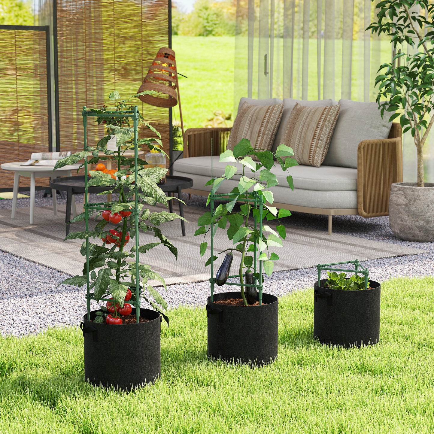 Outsunny 3 Packs Tomato Cages with 83.7L Grow Bags, 120cm Adjutstable Triangle Plant Stakes Support Trellis with Planter Bags