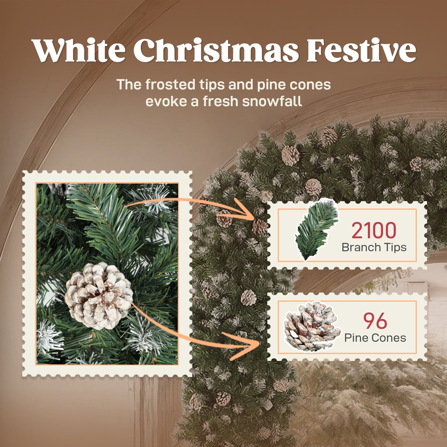 HOMCOM 8.2 ft Snow Frosted Christmas Tree Arch, Christmas Arch Doorway Decor with 2100 Tips and 96 Pinecones, Artificial Xmas Tree with Metal Stand for Indoor, Green