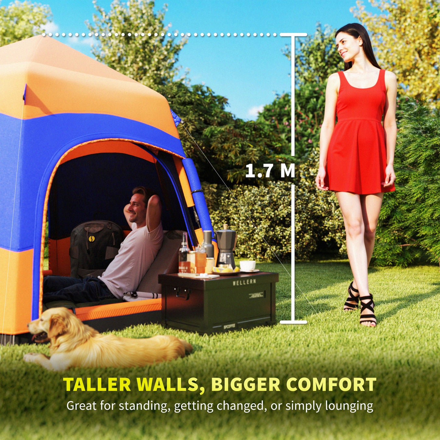 Outsunny Six Man Hexagon Camping Tent with Hang Hook and Carry Bag - Orange and Blue