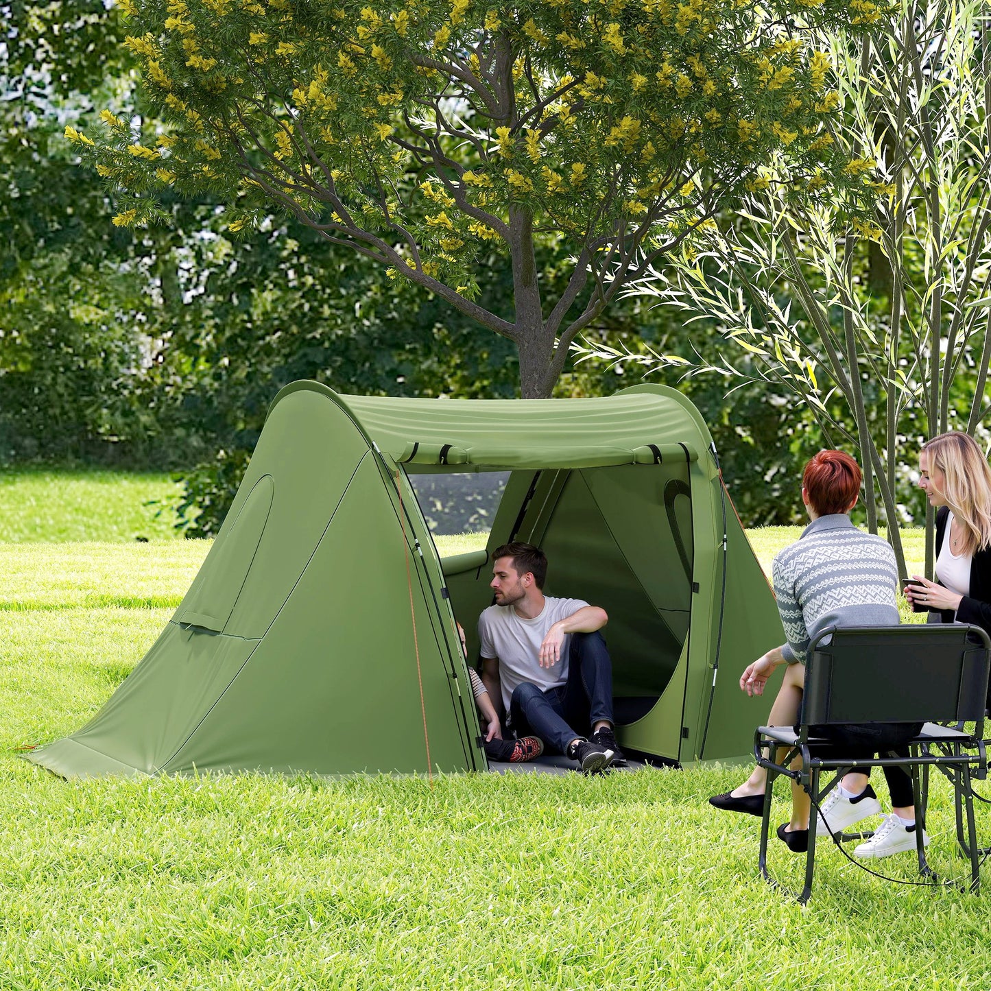 Outsunny 3 Man Camping Tent with Living Area and 2 Bedrooms, 3000mm Waterproof Family Tent with Sewn-in Groundsheet and bag, Portable Dome Shelter  for Hiking, Festival, Backpacking, Green