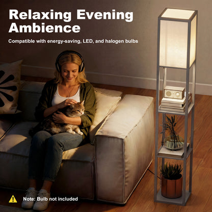 HOMCOM 3-Tier Floor Lamp with Shelves and Storage, Modern Corner Standing Lamp with Lampshade, Reading Light with Foot Switch for Living Room, Bedroom, Home Office, Bulb not Included, Grey