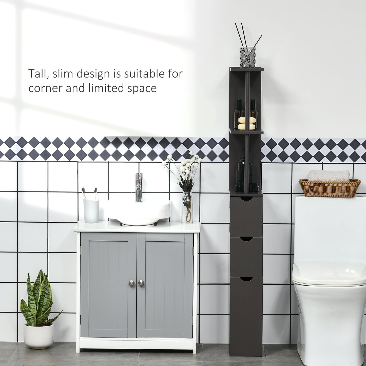 HOMCOM Tall Bathroom Cabinet, Freestanding Slim Bathroom Storage Cabinet with 2-Tier Open Shelf and 2 Drawers for Small Space, Narrow Cupboard Storage Unit, Brown