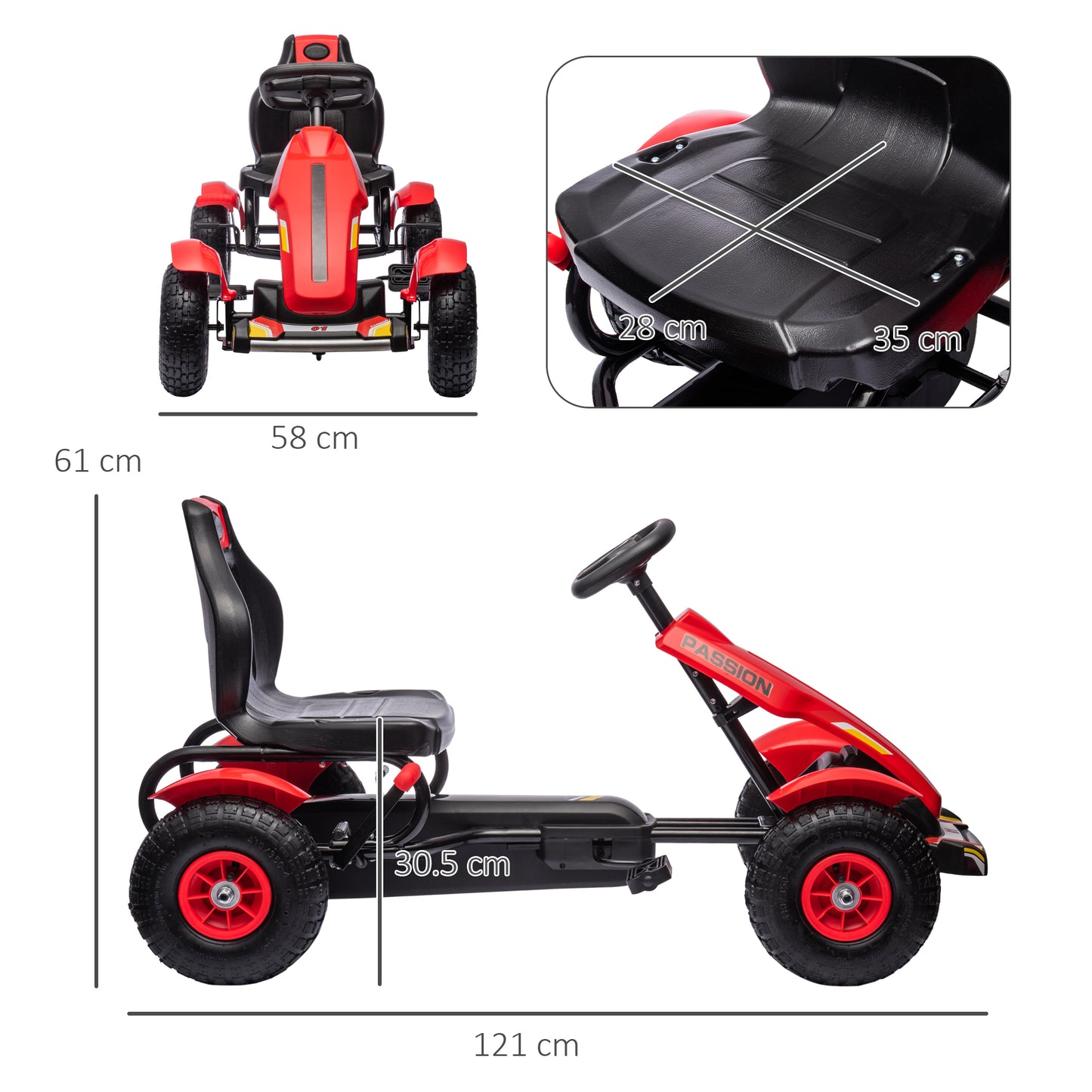 HOMCOM Pedal Go Kart, Kids Ride On Racer with Adjustable Seat, Inflatable Rubber Tyres, Handbrake for Ages 5-12 Years - Red