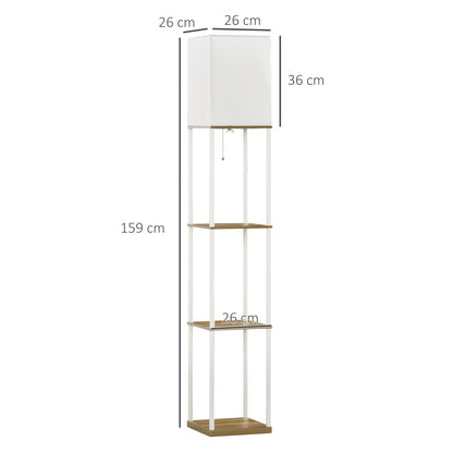 HOMCOM Modern Metal Floor Lamp with Shelves, 3 Layer Shelf Tall Standing Lamp with Fabric Lampshade, Pull Chain Switch for Living Room, Bedroom, Bulb not Included, White