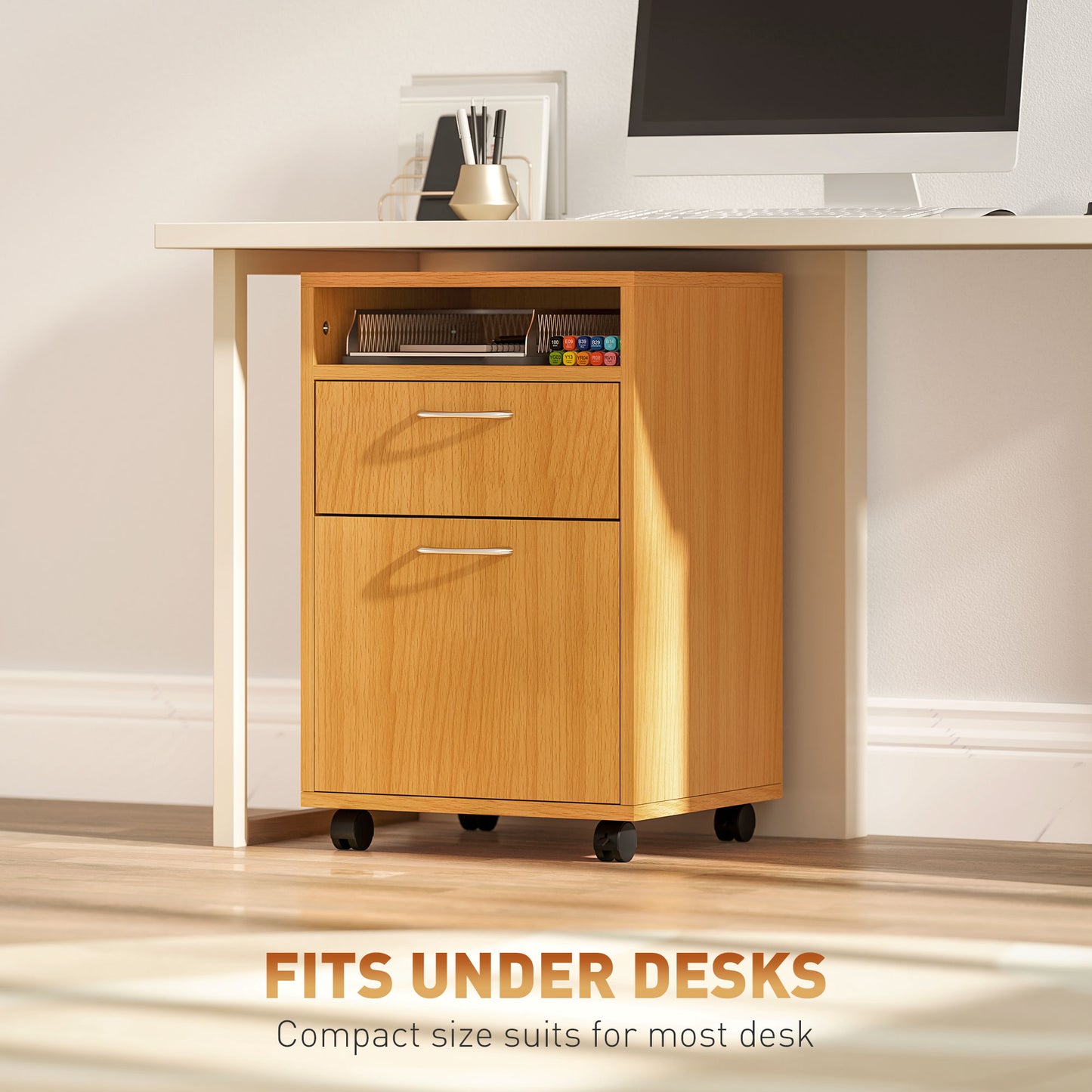 HOMCOM Filing Cabinet, Mobile File Cabinet with 2 Lockable Drawers, Office Home Organiser on Wheels for A4, Letter-Size File Folders, Mobile Printer with Open Shelf, Natural Wood Finish