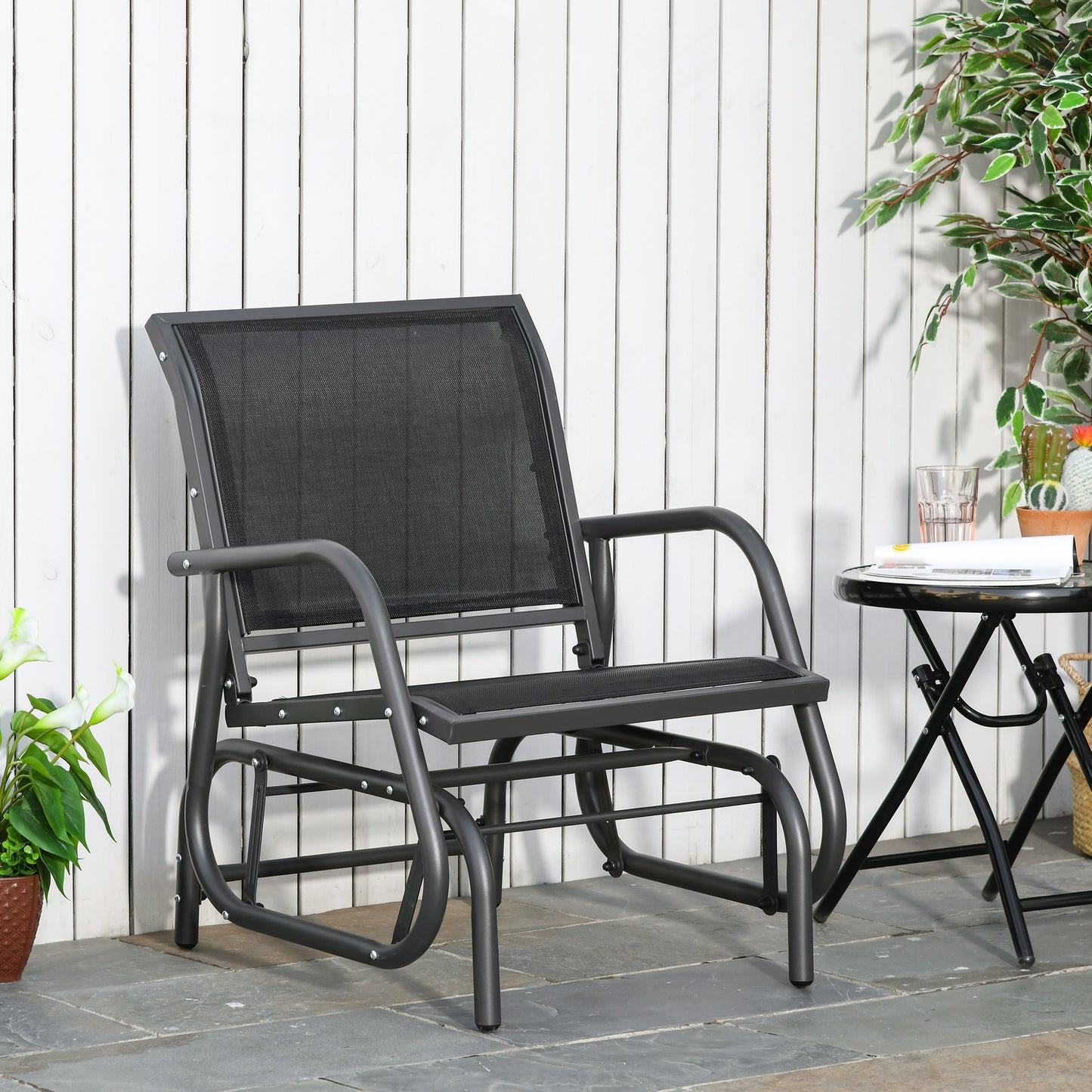 Outsunny Outdoor Garden Glider Chair, Metal Frame Single Armchair Swing Seater w/ Breath Mesh Fabric Seat, Curved Backrest, Armrests, for Living Room, Patio, Porch, Dark Grey