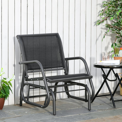 Outsunny Outdoor Garden Glider Chair, Metal Frame Single Armchair Swing Seater w/ Breath Mesh Fabric Seat, Curved Backrest, Armrests, for Living Room, Patio, Porch, Dark Grey