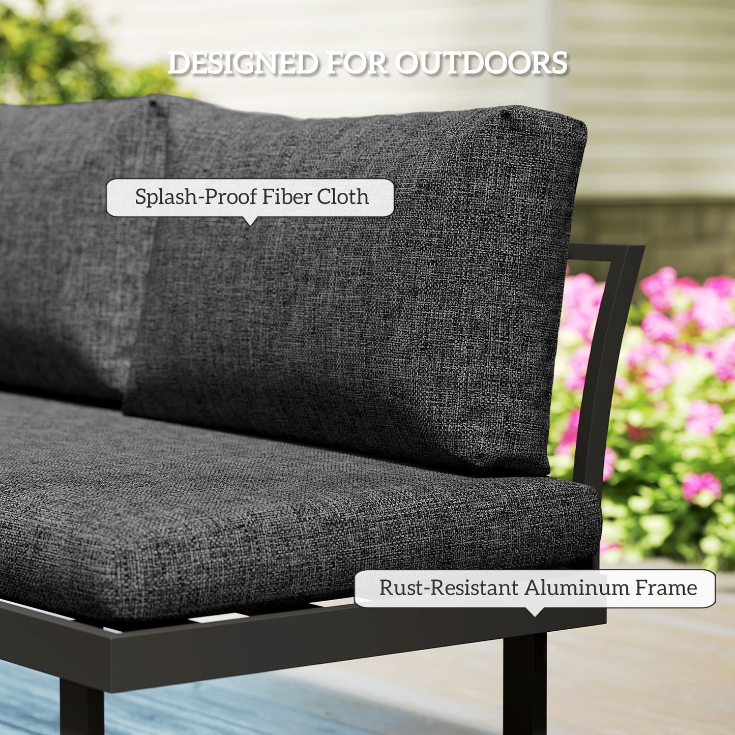 Outsunny 4 Seater L Shaped Aluminium Sectional Garden Furniture Set with 2 Loveseats and Wood-Plastic Coffee Table - Dark Grey
