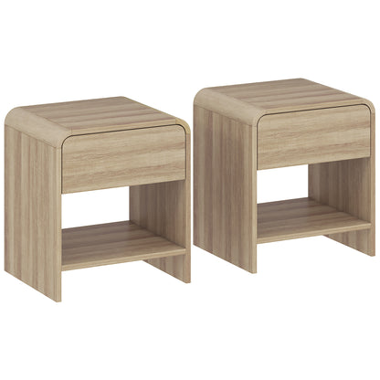 HOMCOM Bedside Tables Set of 2, Nightstands with Rounded Corners, Modern Side Table with Silent Drawer for Bedroom, Natural