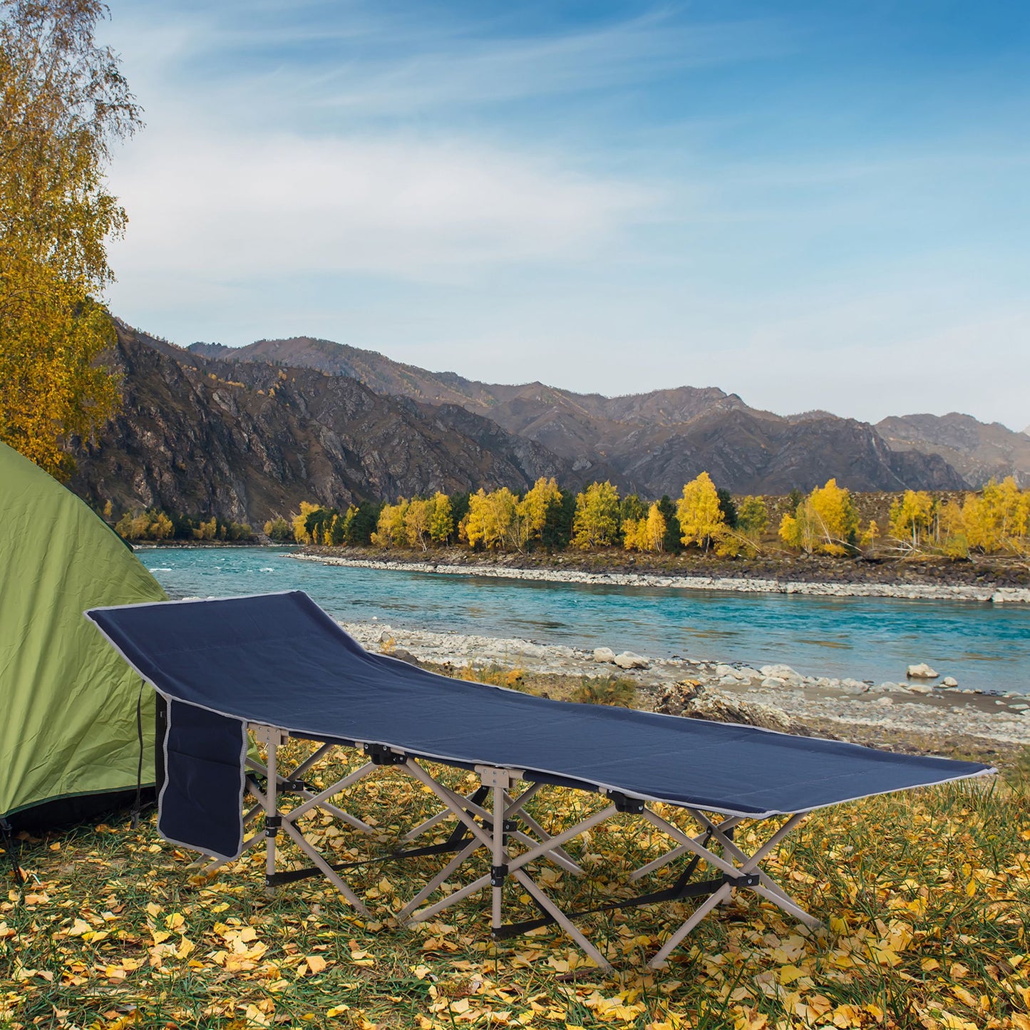 Outsunny Single Person Camping Bed Folding Cot Outdoor Patio Portable Military Sleeping Bed Travel Guest Leisure Fishing with Side Pocket and Carry Bag - Blue