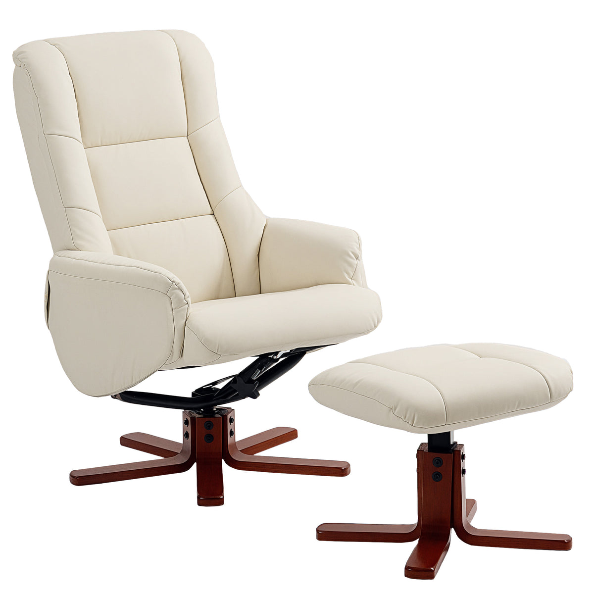 HOMCOM Rocking Recliner Chair with Footstool, PU Leather Recliner Armchair with Wood Base, Upholstered Reclining Chair for Living Room Bedroom, Cream