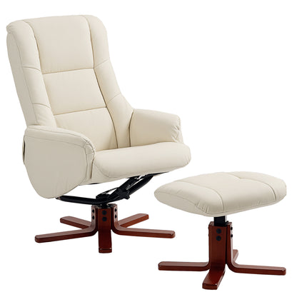 HOMCOM Rocking Recliner Chair with Footstool, PU Leather Recliner Armchair with Wood Base, Upholstered Reclining Chair for Living Room Bedroom, Cream