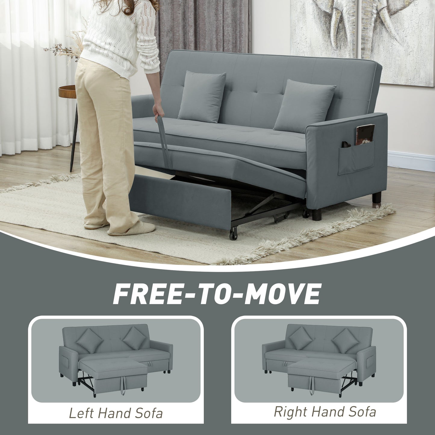 HOMCOM 3 Seater Velvet Sofa Bed, Convertible Click-Clack Couch with Adjustable Backrest, Small Double Sleeper Sofa for Living Room & Guests, Grey