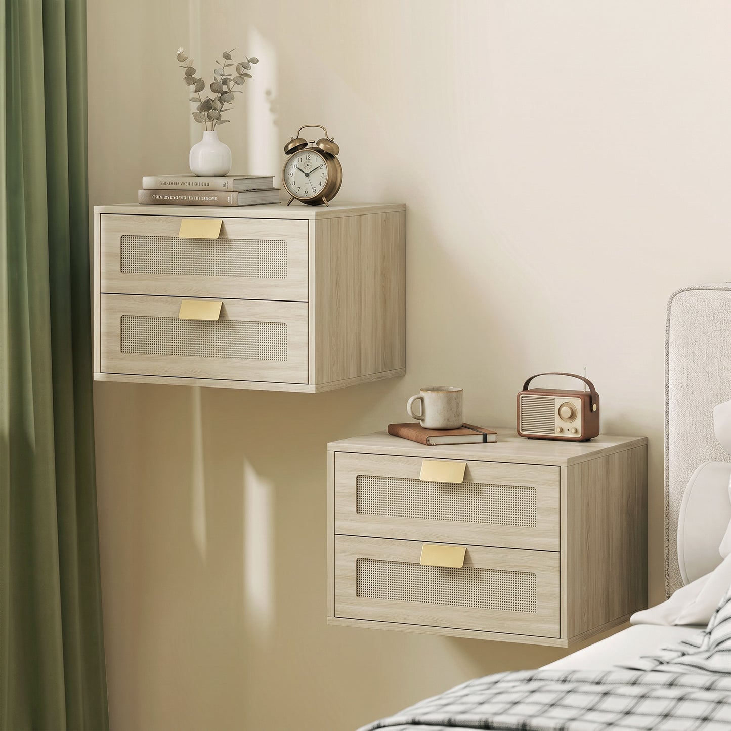HOMCOM Modern Floating Nightstands Set of 2, Wall Mounted Bedside Tables with 2 Drawers, Oak