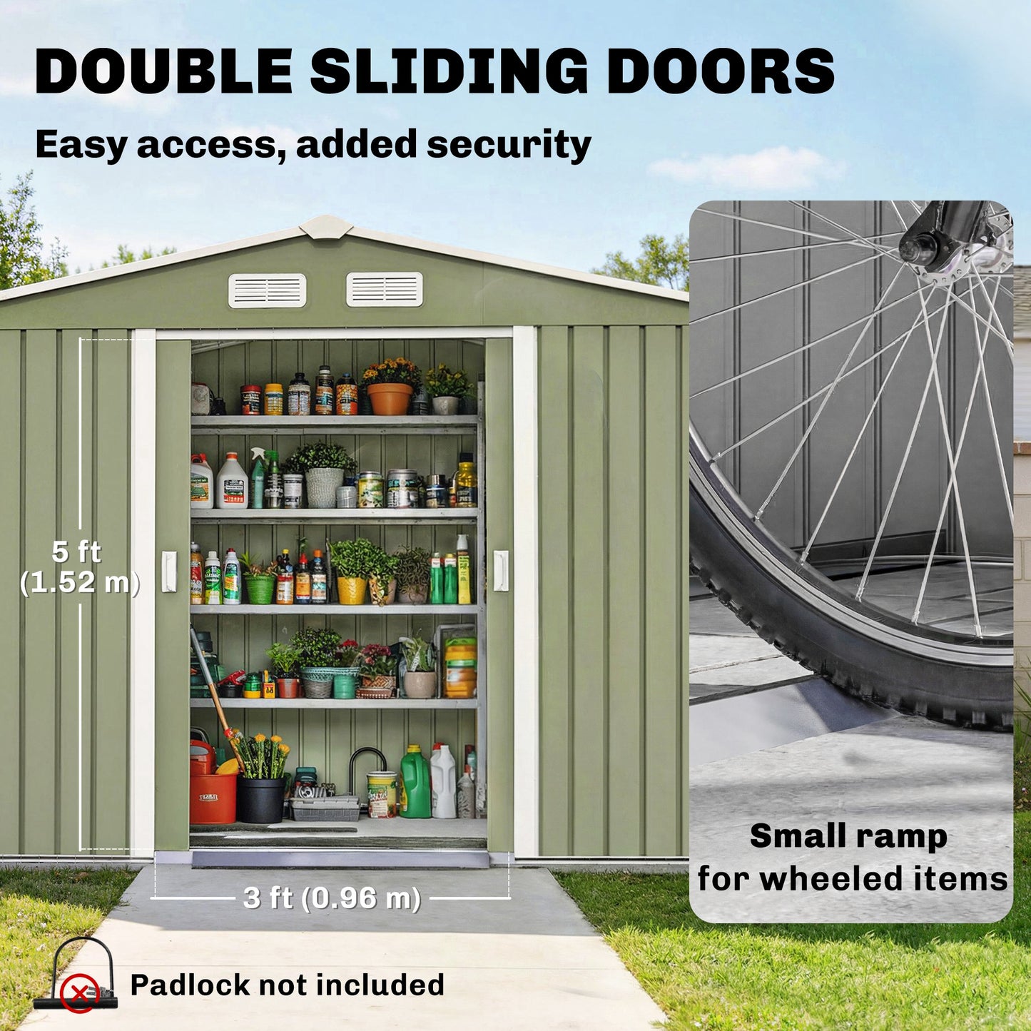 Outsunny 9 x 6ft Metal Garden Shed, Waterproof Outdoor Bike Storage Shed Galvanised with Vents, Foundation Kit, Apex Roof and Lockable Double Doors for Patio Lawn, Light Green