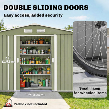Outsunny 9 x 6ft Metal Garden Shed, Waterproof Outdoor Bike Storage Shed Galvanised with Vents, Foundation Kit, Apex Roof and Lockable Double Doors for Patio Lawn, Light Green
