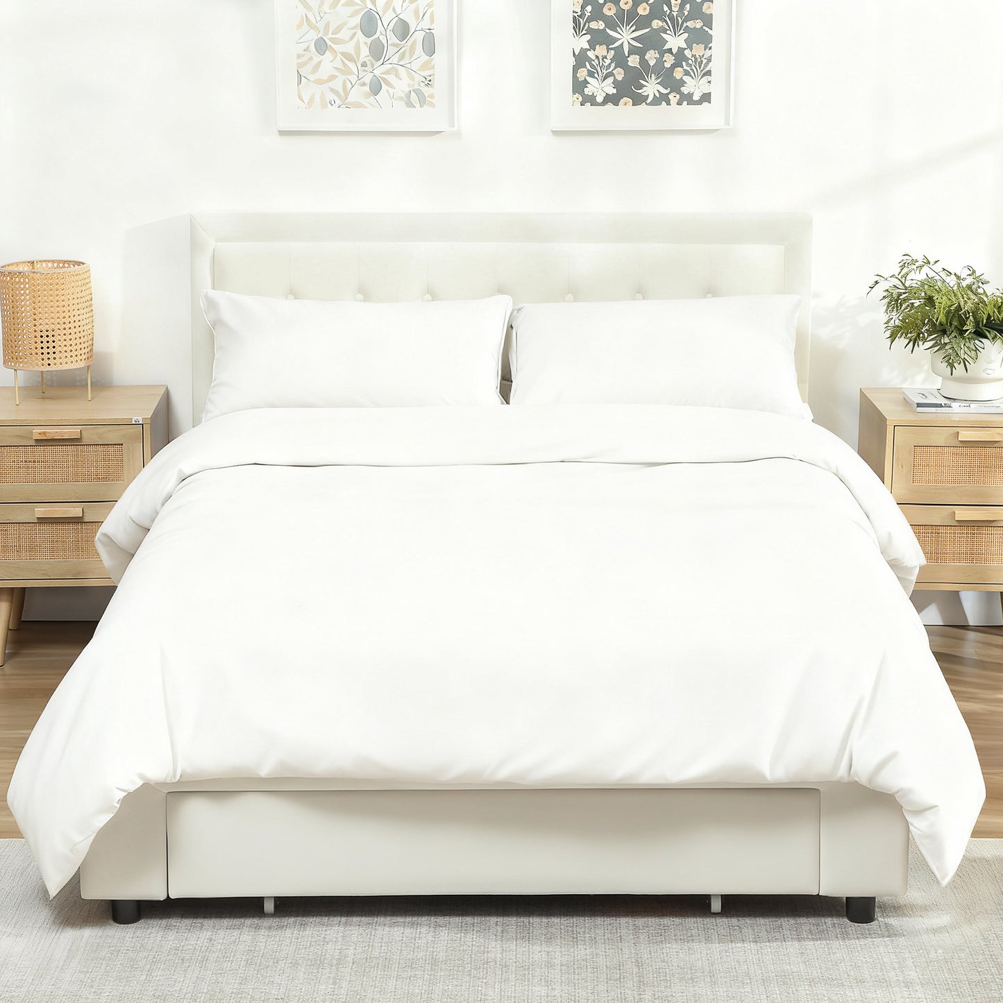 HOMCOM Double Ottoman Bed Frame, with Front Drawer Cream